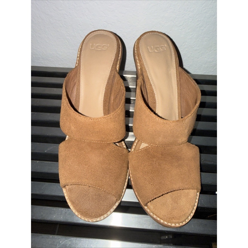 UGG CELIA CHESTNUT SUEDE LEATHER STACKED HEELS WOMEN`S SANDALS SIZE 7.5